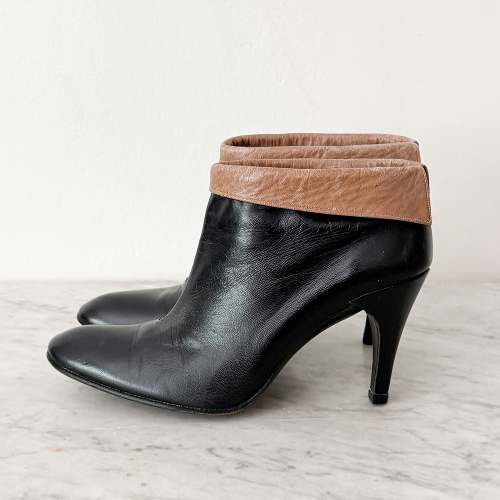 Vintage Charles Jourdan Leather Ankle Boots 7.5 Black Tan Fold‎ Over Cuff France